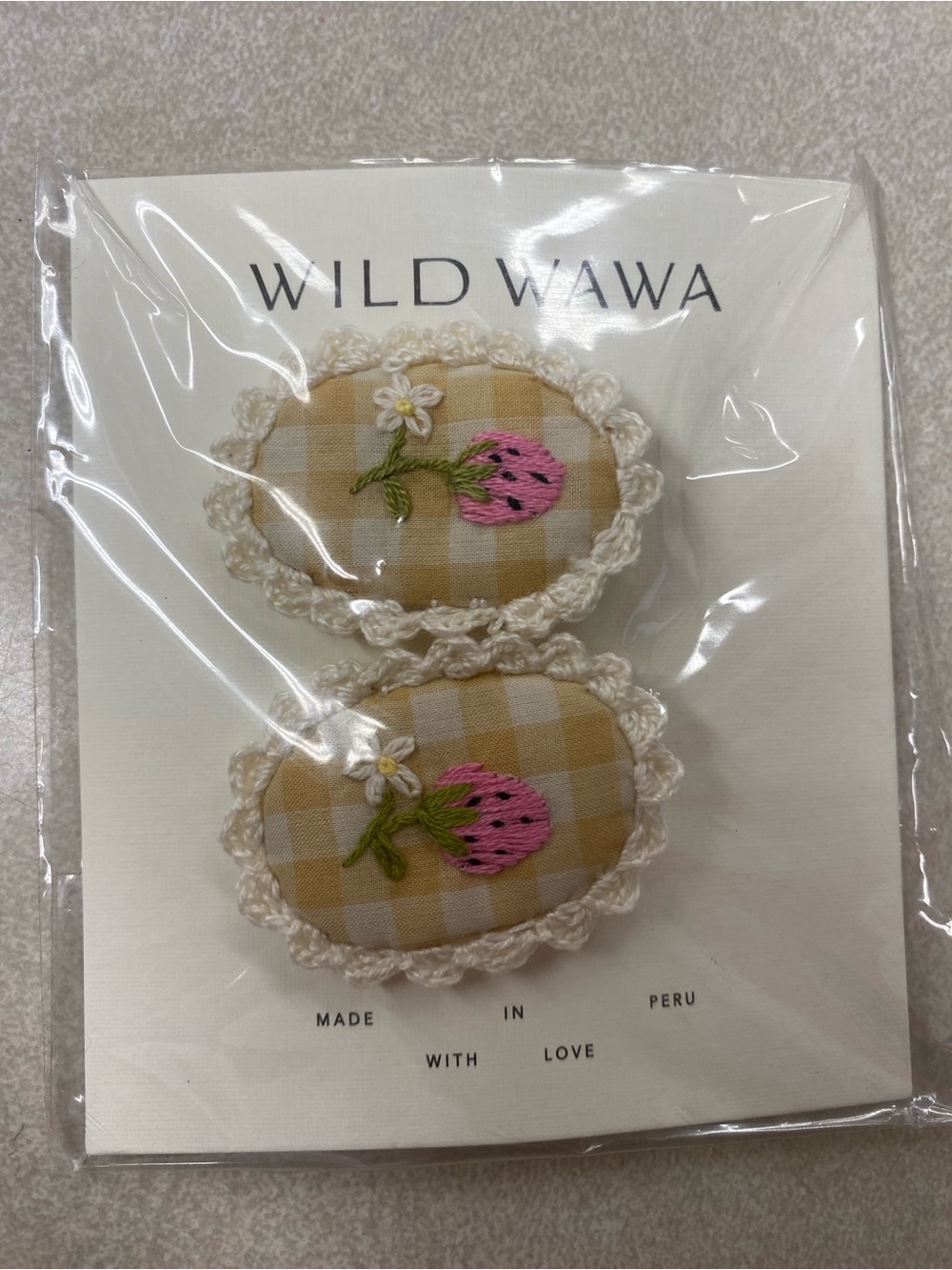 Wild Wawa Yellow Gingham Strawberry Embroidered Hair Clips / NIB